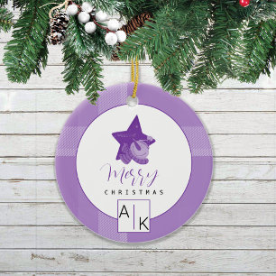Elegantes Lila-Veilchen-Tartan-Monogramm Keramik Ornament
