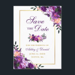 Elegantes, Lila Violett-Blumengold Save the Date Ankündigungspostkarte<br><div class="desc">Moderne Elegante,  Lila Aquarellfarbe Ultra-Violett-Blüte,  Gold Save the Date Verlobung Postkarte</div>