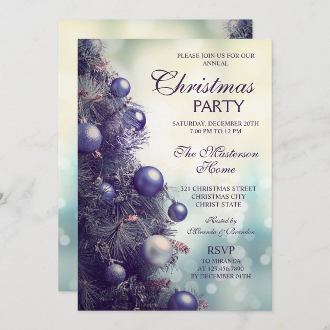Elegantes Lila Weihnachtsbaum Weihnachts-Party Einladung (Vorne/Hinten)