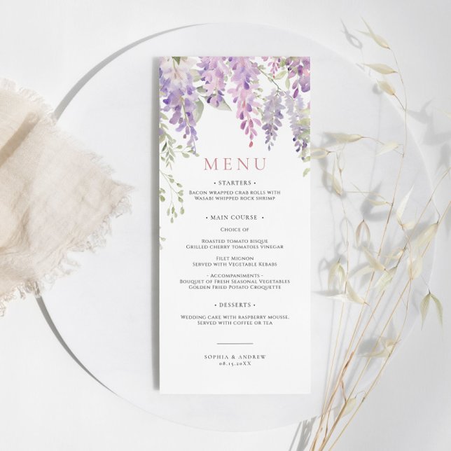 Elegantes Lila Wisteria Blume Wedding Menu Menükarte (Von Creator hochgeladen)