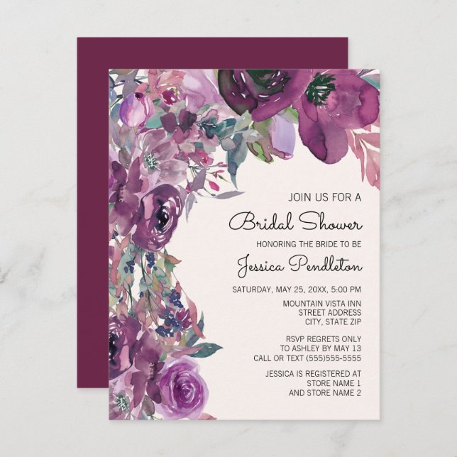 Elegantes Lilac Plum Lila florales Brautparty Einladung (Vorne/Hinten)