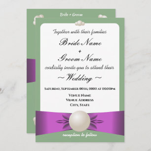 Elegantes Lilac & Sage Pearl Ribbon Foto Hochzeit Einladung