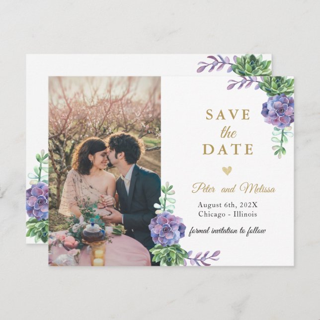 Elegantes Lilac Succulents Foto Save the Date Ankündigung (Vorne/Hinten)