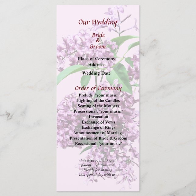 Elegantes Lilacs Hochzeitsprogramm Programm (Vorderseite)