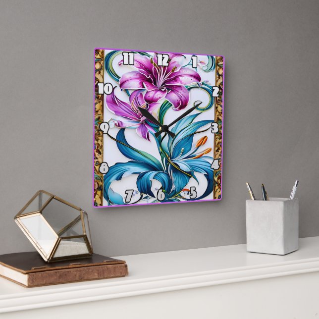 Elegantes Lily Artwork mit lebhaften Farben Quadratische Wanduhr (Büro)