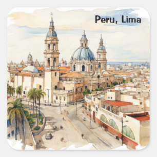 Elegantes Lima Peru Aquarell Panorama Ansicht Quadratischer Aufkleber