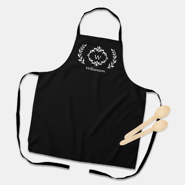 Elegantes Logo für Mit Monogramm Wappen Schwarz-we Schürze (Elegant Custom Monogrammed Crest Logo Black White Apron)