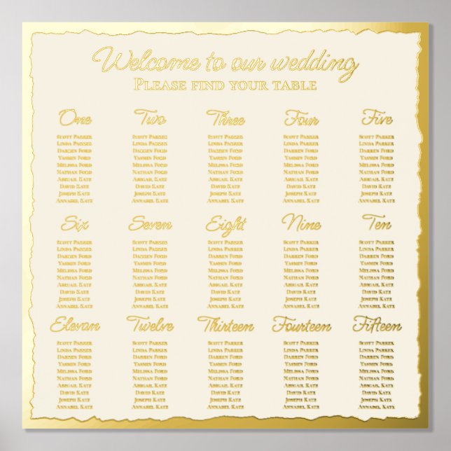 Elegantes Luxe Gold Edge Ecru Foil Seating Chart Foliendrucke (Vorderseite)