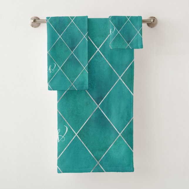 Elegantes Luxuriöses Aqua Green Silver Raute Muste Badhandtuch Set (Insitu)