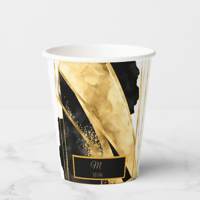 Elegantes Luxuriöses Black Gold Monogram Modern Gl Pappbecher (Vorderseite)