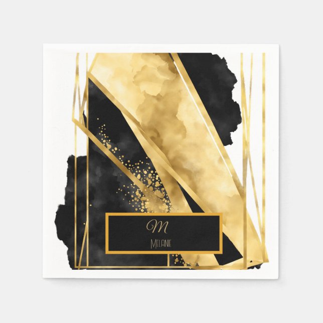 Elegantes Luxuriöses Black Gold Monogram Modern Gl Serviette (Vorderseite)