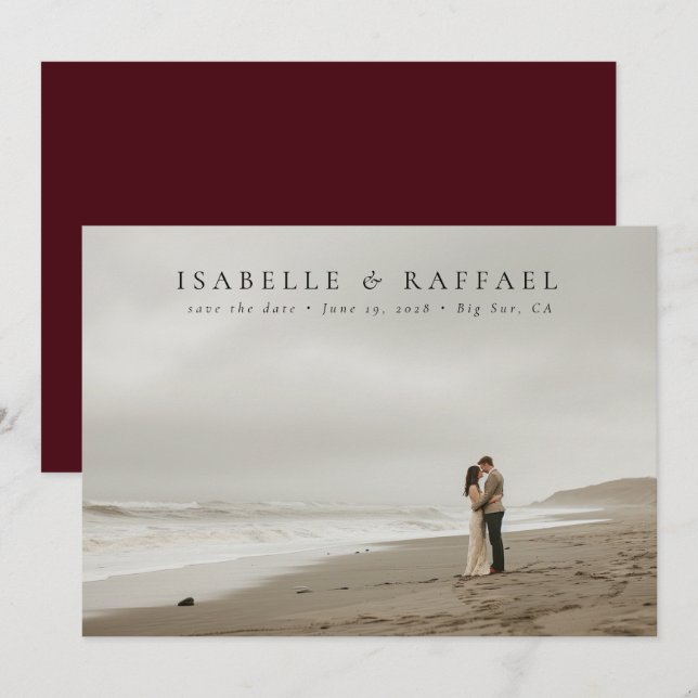 Elegantes Luxuriöses Foto Maroon Red Wedding Save The Date (Vorne/Hinten)
