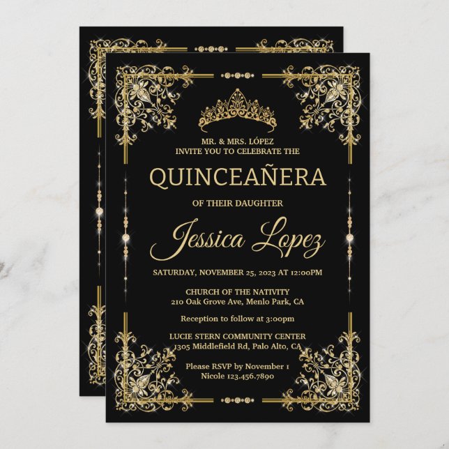 Elegantes Luxuriöses Gold und Black Quinceanera Einladung (Vorne/Hinten)
