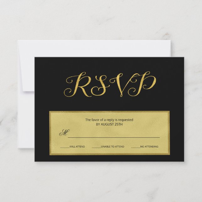 Elegantes luxuriöses Schwarz-Gold-Hochzeitsskript RSVP Karte (Vorderseite)