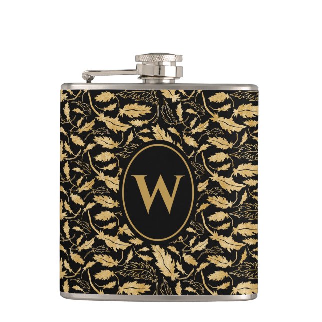Elegantes, luxuriöses Schwarzes Gold Leaf Vintages Flachmann (Vorderseite)