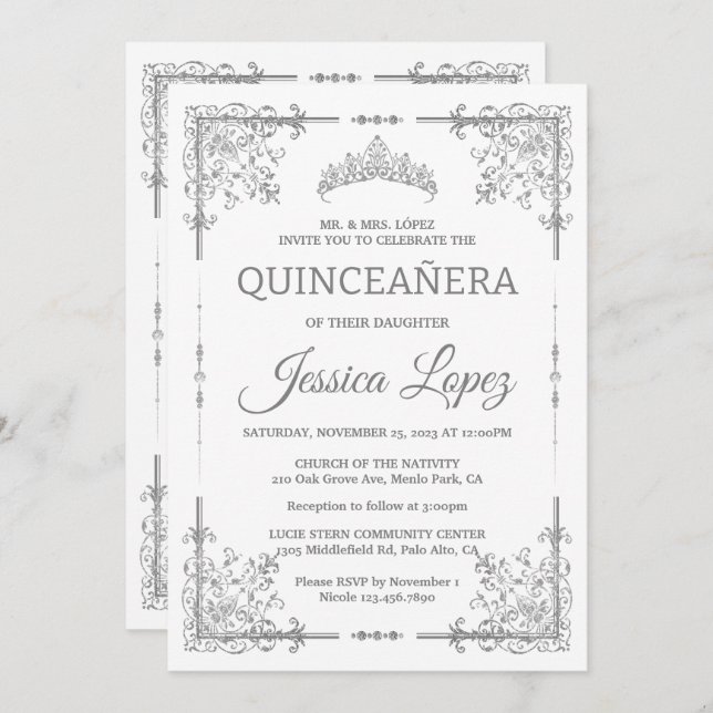 Elegantes Luxuriöses Weiß und Gray Quinceanera Einladung (Vorne/Hinten)