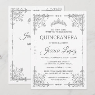 Elegantes Luxuriöses Weiß und Gray Quinceanera Einladung