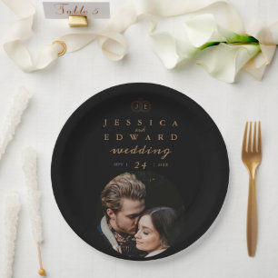 Elegantes Luxus Black Gold Monogram Foto Hochzeit Pappteller