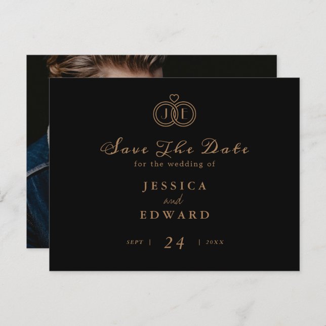 Elegantes Luxus Black Gold Ring Monogram Foto Save The Date (Vorne/Hinten)