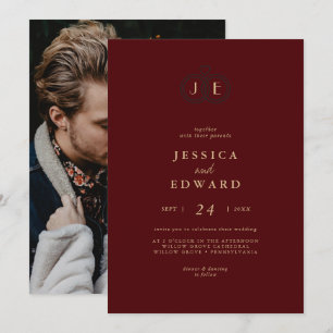 Elegantes Luxus-Burgundy Monogram-Foto Hochzeit Einladung