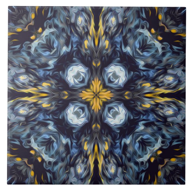 Elegantes Luxus, Marineblau, Vintages, gelbes Deta Fliese (Vorderseite)