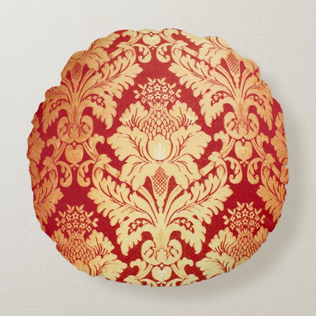 Elegantes Luxus Retro Red Gold Damask Muster Rundes Kissen (Vorderseite)