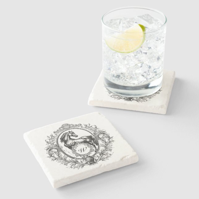 Elegantes Luxus Vintag Pferd Reittier Monogramm Steinuntersetzer (Seitenansicht)
