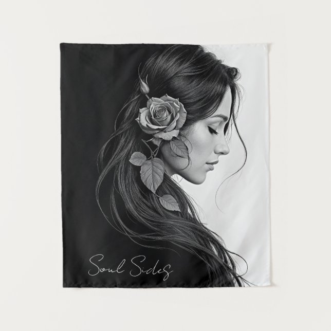 Elegantes Mädchen mit Blume im Haar Moderne Kunst Wandteppich (Vorderseite)