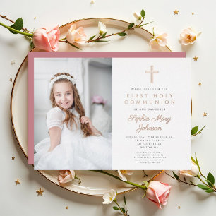 Elegantes Mädchenfoto Erste Kommunion Roségold Folieneinladung
