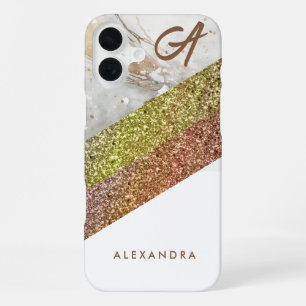Elegantes, Mädchenhaftes Gold Glitter Weiß Marmor iPhone 16 Plus Hülle