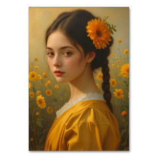 Elegantes Mädchenporträt zwischen Sonnenblumen Tischnummer