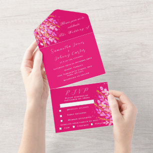 Elegantes Magenta Fuchsien Aquarell Blumen Hochzei All In One Einladung