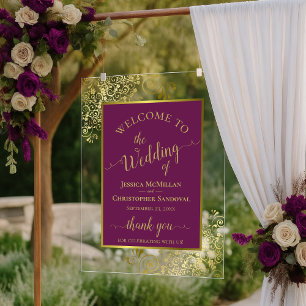 Elegantes Magenta-Pflaume- und Gold-Hochzeitswillk Acrylschild