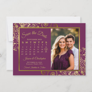 Elegantes Magenta-Pflaume- und Gold-Kalender-Foto- Save The Date