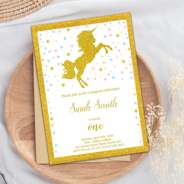 Elegantes magisches Party Einladung mit feiner Det (Golden Unicorn Birthday Invitations)