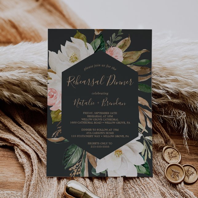 Elegantes Magnolia Schwarz-Weiß-Probe Abendessen Einladung (Von Creator hochgeladen)