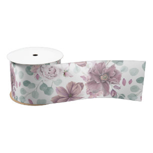 Elegantes Malven-Blumen- und Grünmuster Satinband