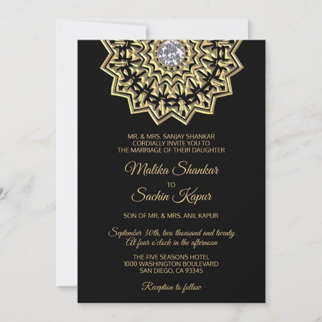 Elegantes Mandala-Goldschwarz-indische Hochzeit Einladung (Vorderseite)