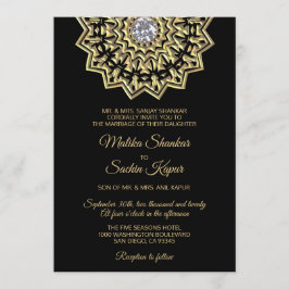Elegantes Mandala-Goldschwarz-indische Hochzeit Einladung