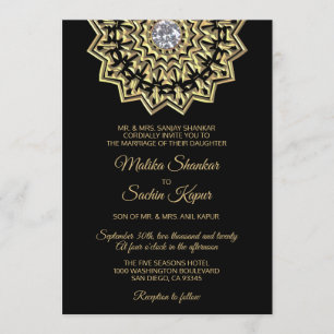 Elegantes Mandala-Goldschwarz-indische Hochzeit Einladung