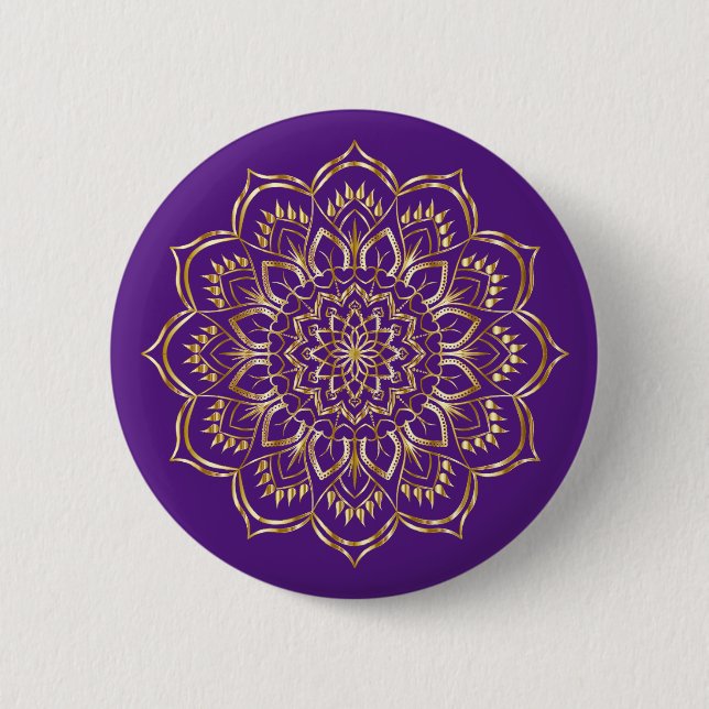 Elegantes Mandala-Muster Lila und Gold Button (Vorderseite)