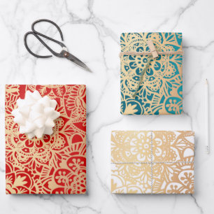 Elegantes Mandala Muster Red Green Gold Geschenkpapier Set