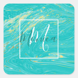 Elegantes Marble Luxus-Blau-Gold-Monogramm-Design Quadratischer Aufkleber