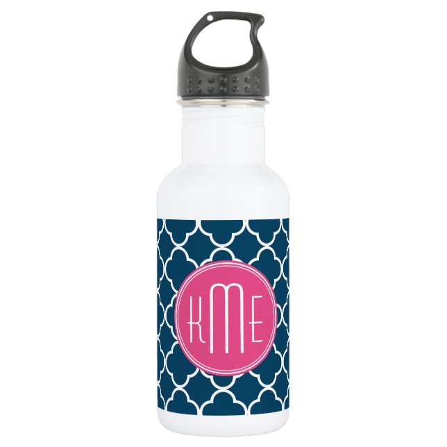 Elegantes Marine-Blau Quatrefoil mit rosa Trinkflasche (Vorderseite)
