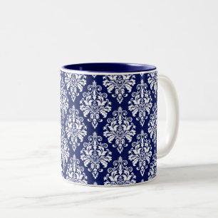 Elegantes Marine-Blau-und Weiß-Damast-Muster Zweifarbige Tasse