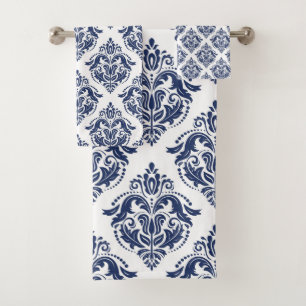 Elegantes Marineblau auf weißen Vintagen Damasken Badhandtuch Set