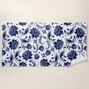 Elegantes marineblau-blaues Damastmuster Strandtuch