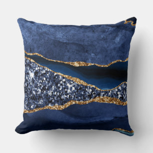 Elegantes Marineblau und Gold Glitter Ozean Achat Kissen