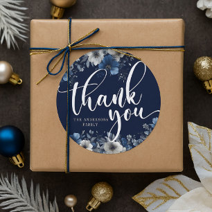 Elegantes Marineblau und Silber floral Runder Aufkleber