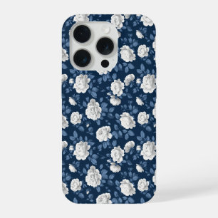 Elegantes marineblau-weißes Blumenmuster iPhone 15 Pro Hülle